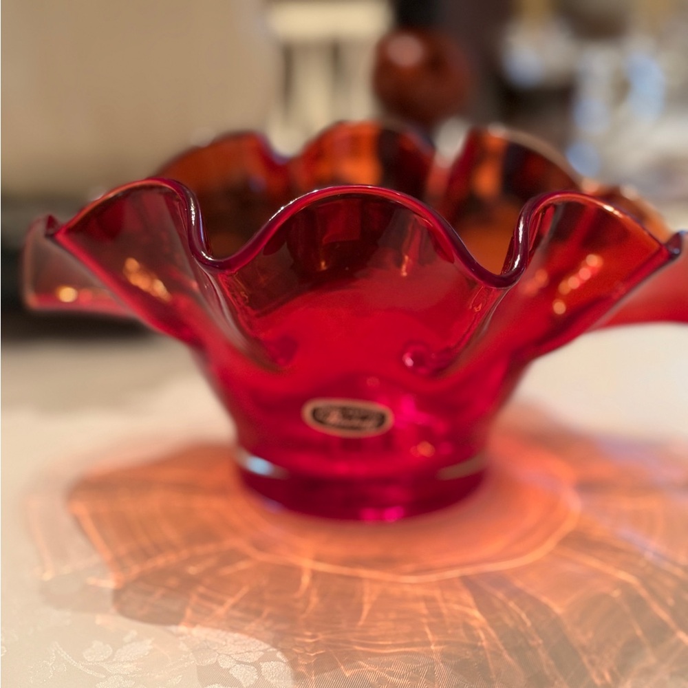 Vintage MCM Bischoff Glass Orange Red Ruffle Bowl